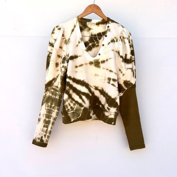 Ulla Johnson Olive and Cream Tie-Dye V-Neck Sweatshirt - Picture 3 of 9
